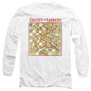 AN OFFCIALLY LICENSED CHUTES AND LADDERS 79 GAME BOARD MEN'S LONG SLEEVE T-SHIRT WHITE