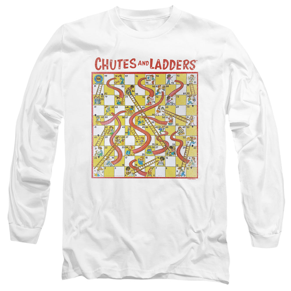 AN OFFCIALLY LICENSED CHUTES AND LADDERS 79 GAME BOARD MEN'S LONG SLEEVE T-SHIRT WHITE