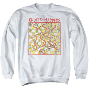 AN OFFCIALLY LICENSED CHUTES AND LADDERS 79 GAME BOARD ADULT UNISEX CREWNECK SWEATSHIRT WHITE
