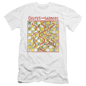 AN OFFCIALLY LICENSED CHUTES AND LADDERS 79 GAME BOARD MEN'S PREMIUM SLIM FIT T-SHIRT WHITE