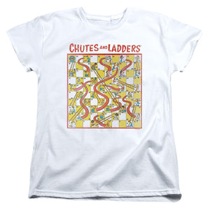 AN OFFCIALLY LICENSED CHUTES AND LADDERS 79 GAME BOARD WOMEN'S REGULAR FIT T-SHIRT WHITE