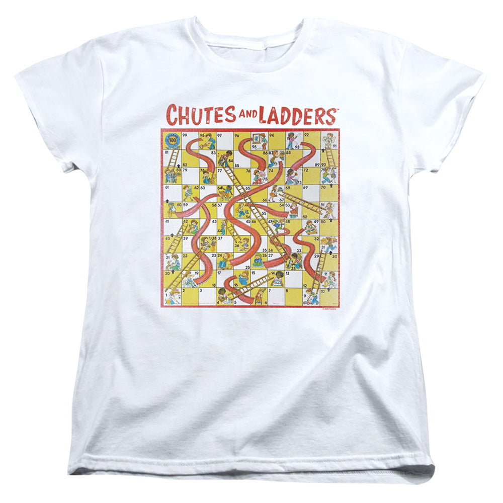 AN OFFCIALLY LICENSED CHUTES AND LADDERS 79 GAME BOARD WOMEN'S REGULAR FIT T-SHIRT WHITE