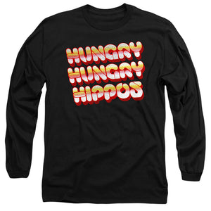 AN OFFCIALLY LICENSED HUNGRY HUNGRY HIPPOS HUNGRY VINTAGE LOGO MEN'S LONG SLEEVE T-SHIRT BLACK