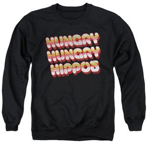 AN OFFCIALLY LICENSED HUNGRY HUNGRY HIPPOS HUNGRY VINTAGE LOGO ADULT UNISEX CREWNECK SWEATSHIRT BLACK