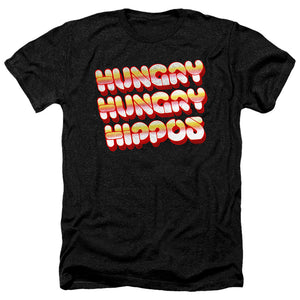 AN OFFCIALLY LICENSED HUNGRY HUNGRY HIPPOS HUNGRY VINTAGE LOGO MEN'S HEATHER T-SHIRT CHARCOAL