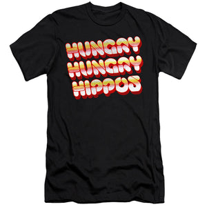 AN OFFCIALLY LICENSED HUNGRY HUNGRY HIPPOS HUNGRY VINTAGE LOGO MEN'S PREMIUM SLIM FIT T-SHIRT BLACK