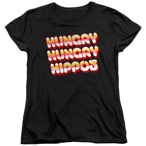 AN OFFCIALLY LICENSED HUNGRY HUNGRY HIPPOS HUNGRY VINTAGE LOGO WOMEN'S REGULAR FIT T-SHIRT BLACK