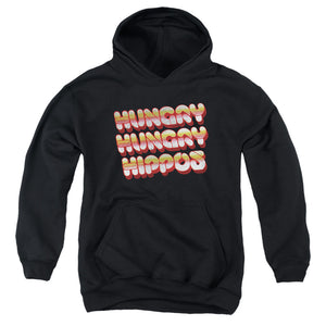 AN OFFCIALLY LICENSED HUNGRY HUNGRY HIPPOS HUNGRY VINTAGE LOGO YOUTH HOODIE BLACK