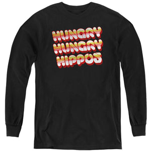 AN OFFCIALLY LICENSED HUNGRY HUNGRY HIPPOS HUNGRY VINTAGE LOGO YOUTH LONG SLEEVE T-SHIRT BLACK