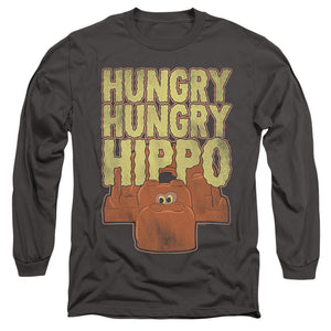 AN OFFCIALLY LICENSED HUNGRY HUNGRY HIPPOS HUNGRY HUNGRY HIPPO MEN'S LONG SLEEVE T-SHIRT CHARCOAL
