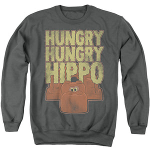 AN OFFCIALLY LICENSED HUNGRY HUNGRY HIPPOS HUNGRY HUNGRY HIPPO ADULT UNISEX CREWNECK SWEATSHIRT CHARCOAL