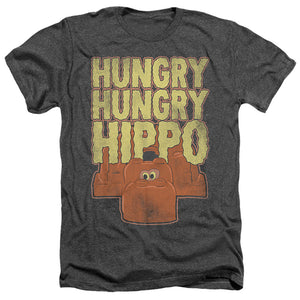 AN OFFCIALLY LICENSED HUNGRY HUNGRY HIPPOS HUNGRY HUNGRY HIPPO MEN'S HEATHER T-SHIRT CHARCOAL