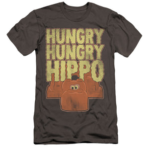 AN OFFCIALLY LICENSED HUNGRY HUNGRY HIPPOS HUNGRY HUNGRY HIPPO MEN'S PREMIUM SLIM FIT T-SHIRT CHARCOAL