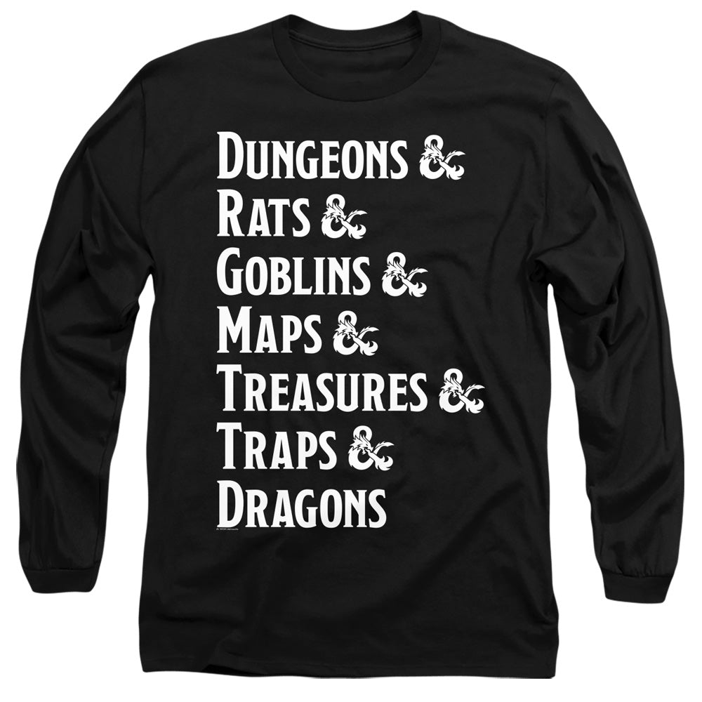 AN OFFCIALLY LICENSED DUNGEONS AND DRAGONS DUNGEON LIST MEN'S LONG SLEEVE T-SHIRT BLACK