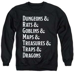 AN OFFCIALLY LICENSED DUNGEONS AND DRAGONS DUNGEON LIST ADULT UNISEX CREWNECK SWEATSHIRT BLACK