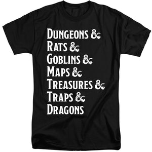 AN OFFCIALLY LICENSED DUNGEONS AND DRAGONS DUNGEON LIST MEN'S TALL FIT T-SHIRT BLACK