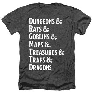 AN OFFCIALLY LICENSED DUNGEONS AND DRAGONS DUNGEON LIST MEN'S HEATHER T-SHIRT CHARCOAL