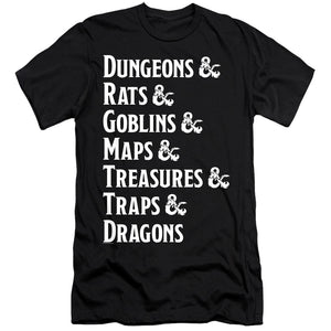 AN OFFCIALLY LICENSED DUNGEONS AND DRAGONS DUNGEON LIST MEN'S PREMIUM SLIM FIT T-SHIRT BLACK