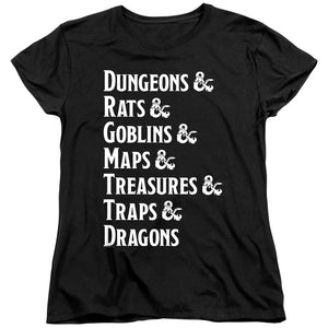 AN OFFCIALLY LICENSED DUNGEONS AND DRAGONS DUNGEON LIST WOMEN'S REGULAR FIT T-SHIRT BLACK