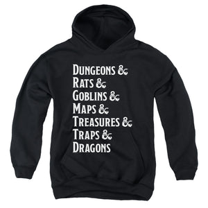 AN OFFCIALLY LICENSED DUNGEONS AND DRAGONS DUNGEON LIST YOUTH HOODIE BLACK