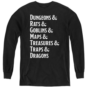 AN OFFCIALLY LICENSED DUNGEONS AND DRAGONS DUNGEON LIST YOUTH LONG SLEEVE T-SHIRT BLACK