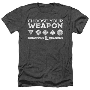 AN OFFCIALLY LICENSED DUNGEONS AND DRAGONS CHOOSE YOUR WEAPON MEN'S HEATHER T-SHIRT CHARCOAL