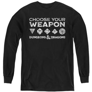 AN OFFCIALLY LICENSED DUNGEONS AND DRAGONS CHOOSE YOUR WEAPON YOUTH LONG SLEEVE T-SHIRT BLACK