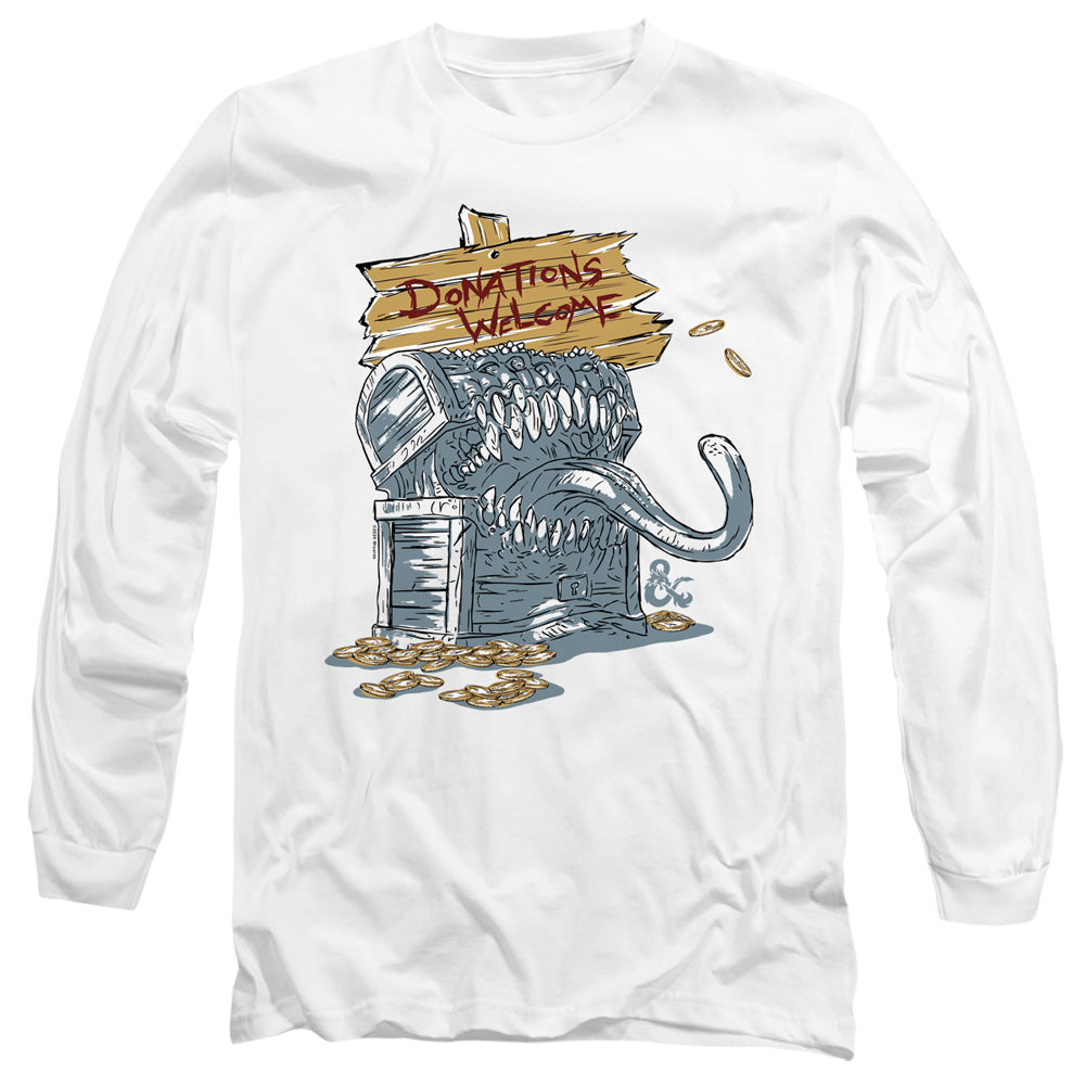 AN OFFCIALLY LICENSED DUNGEONS AND DRAGONS DONATIONS WELCOME MIMIC MEN'S LONG SLEEVE T-SHIRT WHITE