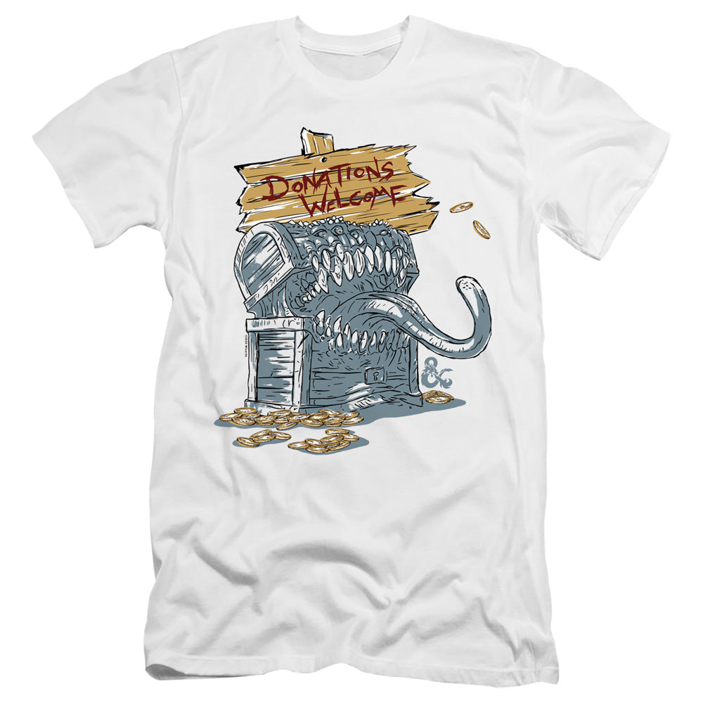 AN OFFCIALLY LICENSED DUNGEONS AND DRAGONS DONATIONS WELCOME MIMIC MEN'S PREMIUM SLIM FIT T-SHIRT WHITE