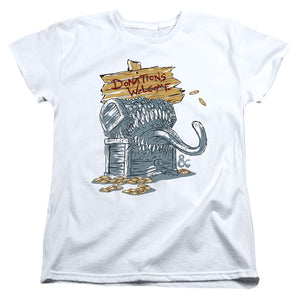 AN OFFCIALLY LICENSED DUNGEONS AND DRAGONS DONATIONS WELCOME MIMIC WOMEN'S REGULAR FIT T-SHIRT WHITE