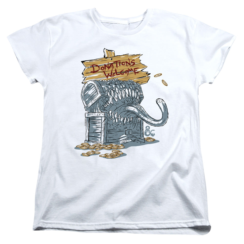AN OFFCIALLY LICENSED DUNGEONS AND DRAGONS DONATIONS WELCOME MIMIC WOMEN'S REGULAR FIT T-SHIRT WHITE