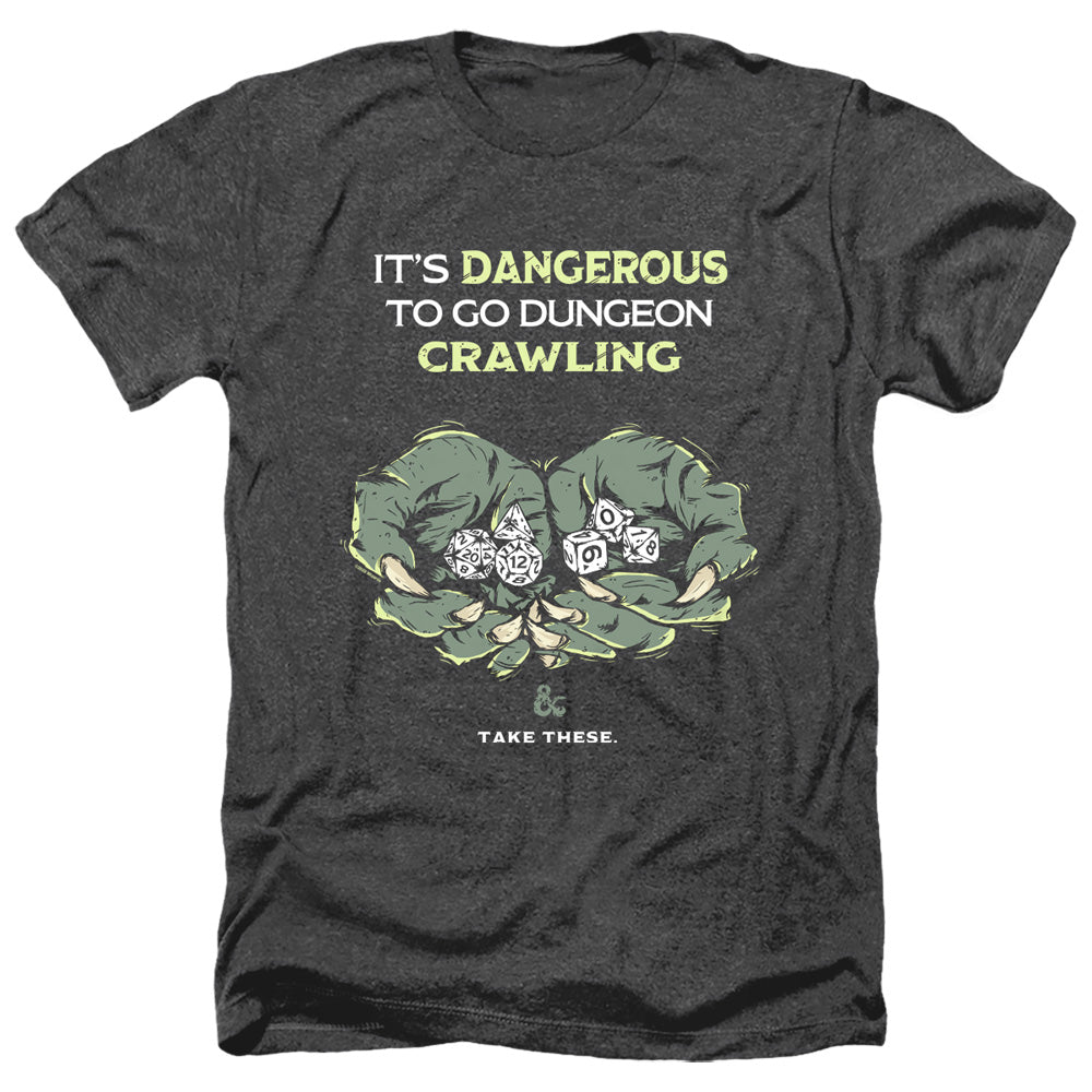 AN OFFCIALLY LICENSED DUNGEONS AND DRAGONS DANGEROUS TO GO ALONE MEN'S HEATHER T-SHIRT CHARCOAL