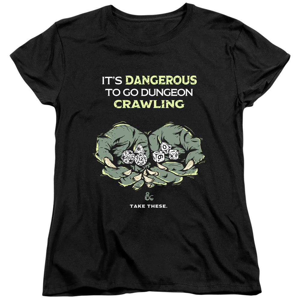 AN OFFCIALLY LICENSED DUNGEONS AND DRAGONS DANGEROUS TO GO ALONE WOMEN'S REGULAR FIT T-SHIRT BLACK