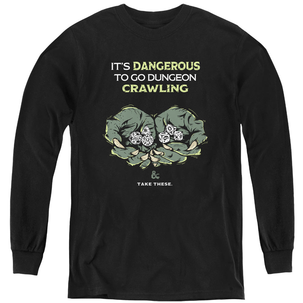 AN OFFCIALLY LICENSED DUNGEONS AND DRAGONS DANGEROUS TO GO ALONE YOUTH LONG SLEEVE T-SHIRT BLACK