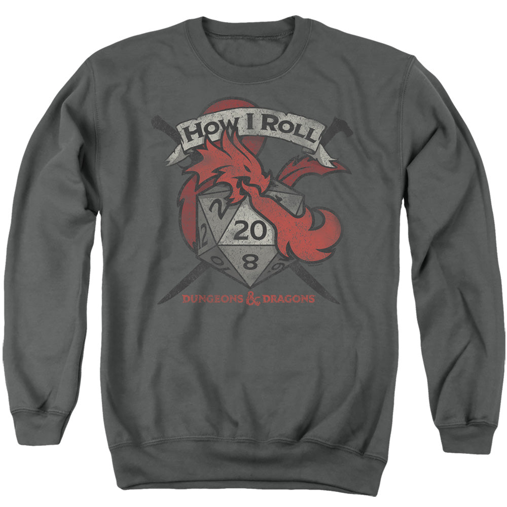 AN OFFCIALLY LICENSED DUNGEONS AND DRAGONS HOW I ROLL D AND D ADULT UNISEX CREWNECK SWEATSHIRT CHARCOAL