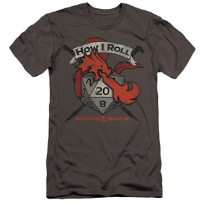 AN OFFCIALLY LICENSED DUNGEONS AND DRAGONS HOW I ROLL D AND D MEN'S PREMIUM SLIM FIT T-SHIRT CHARCOAL