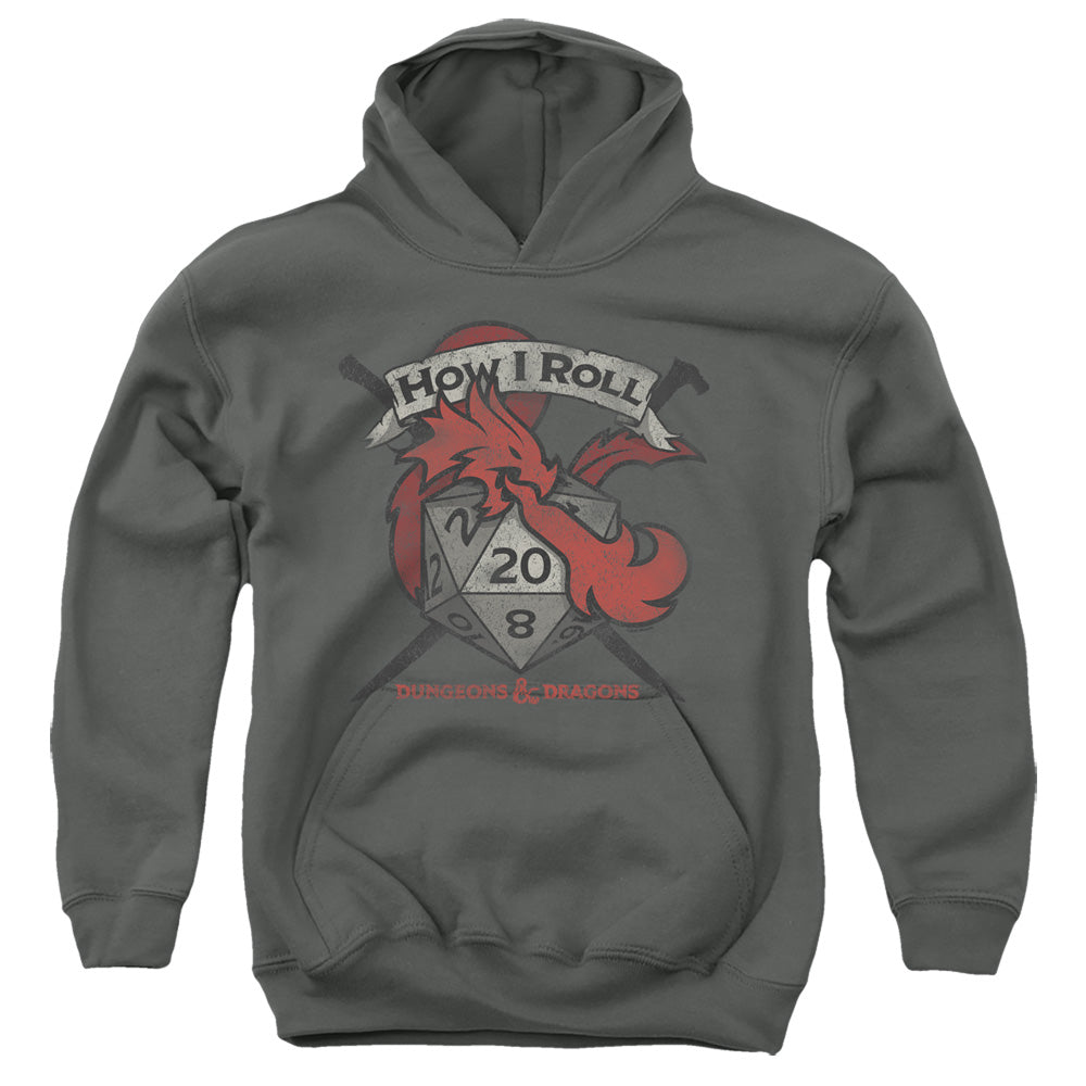 AN OFFCIALLY LICENSED DUNGEONS AND DRAGONS HOW I ROLL D AND D YOUTH HOODIE CHARCOAL