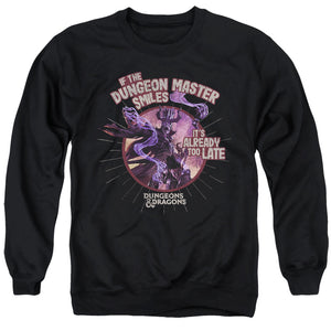 AN OFFCIALLY LICENSED DUNGEONS AND DRAGONS DUNGEON MASTER SMILES ADULT UNISEX CREWNECK SWEATSHIRT BLACK