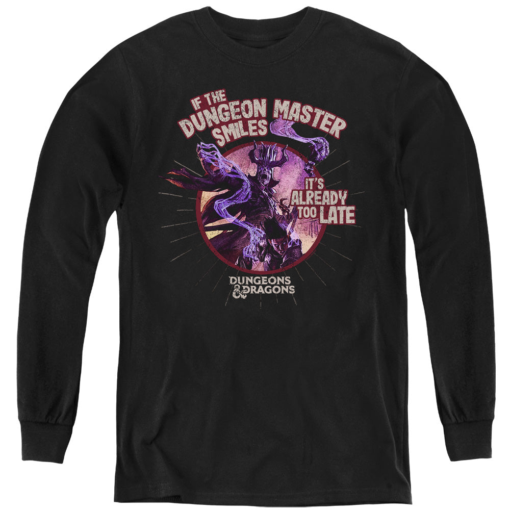 AN OFFCIALLY LICENSED DUNGEONS AND DRAGONS DUNGEON MASTER SMILES YOUTH LONG SLEEVE T-SHIRT BLACK