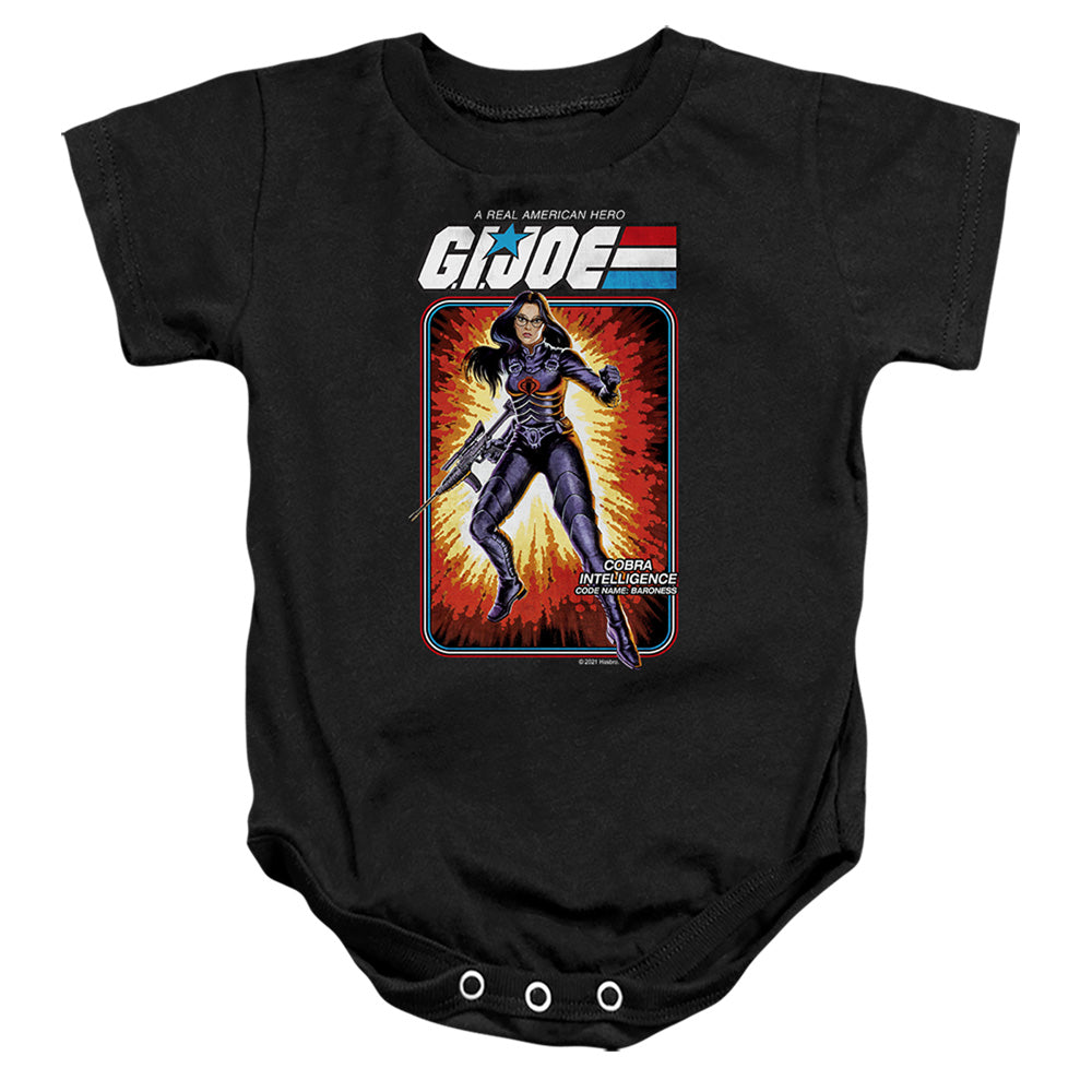 AN OFFCIALLY LICENSED G.I. JOE BARONESS CARD BABY BODYSUIT BLACK