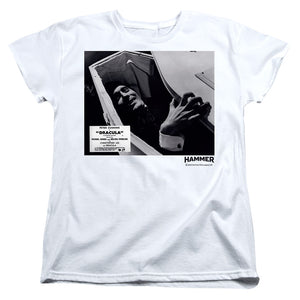 AN OFFCIALLY LICENSED HAMMER HOUSE OF HORROR COFFIN WOMEN'S REGULAR FIT T-SHIRT WHITE
