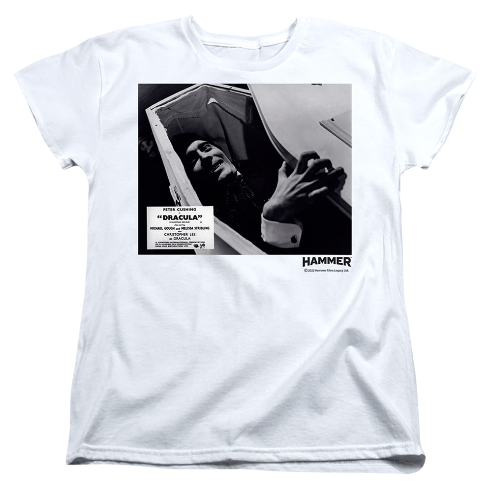 AN OFFCIALLY LICENSED HAMMER HOUSE OF HORROR COFFIN WOMEN'S REGULAR FIT T-SHIRT WHITE