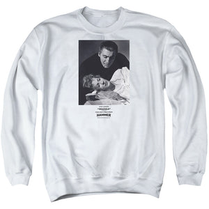 AN OFFCIALLY LICENSED HAMMER HOUSE OF HORROR DRACULA TEETH ADULT UNISEX CREWNECK SWEATSHIRT WHITE