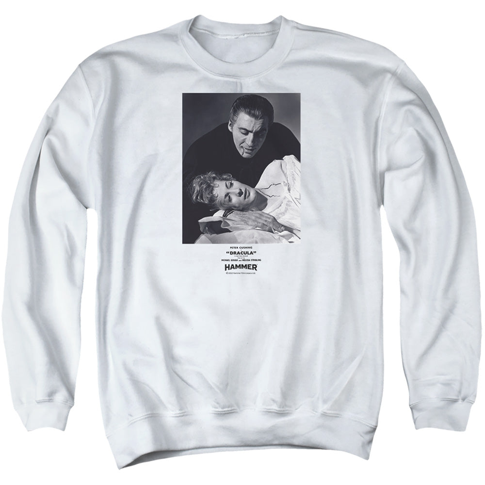AN OFFCIALLY LICENSED HAMMER HOUSE OF HORROR DRACULA TEETH ADULT UNISEX CREWNECK SWEATSHIRT WHITE