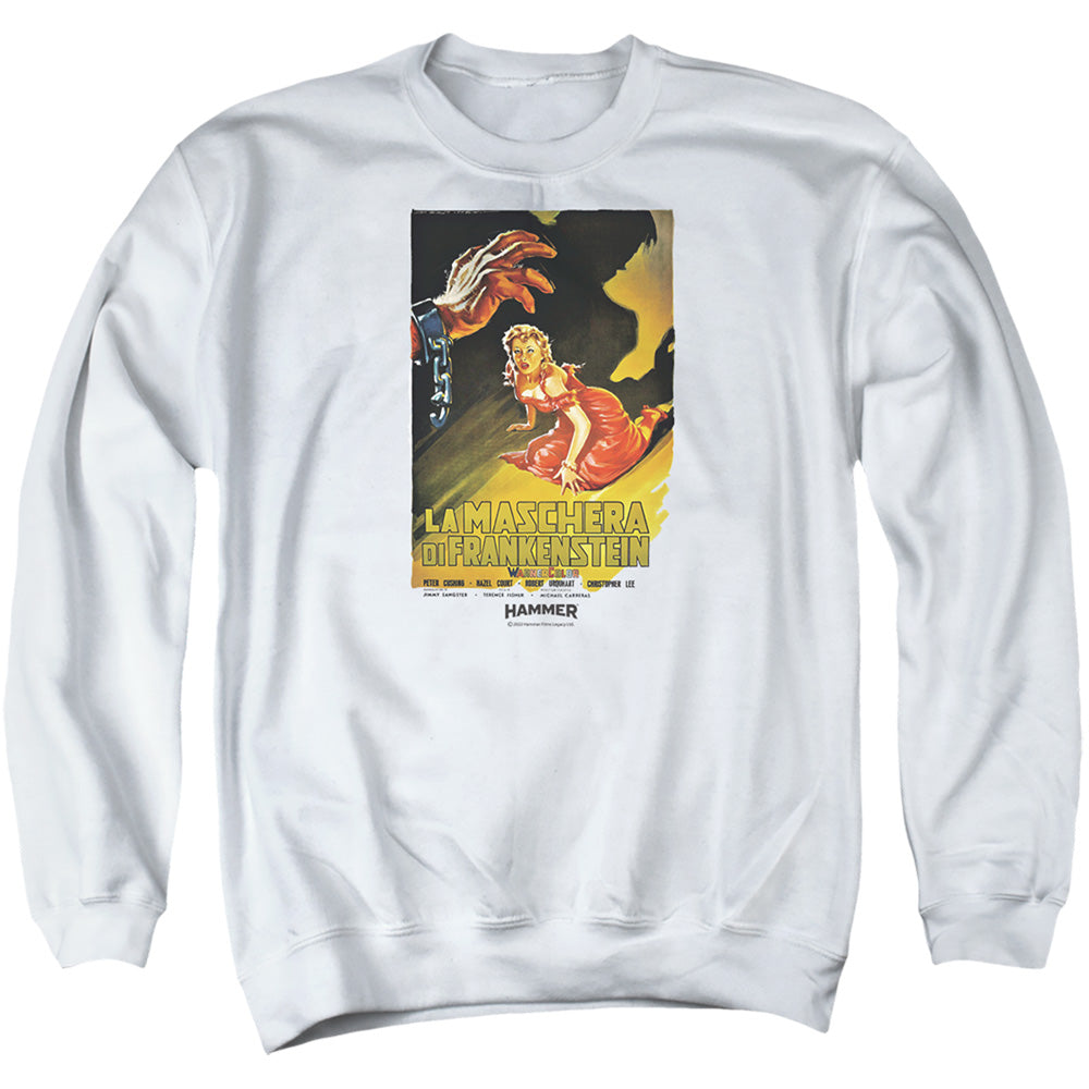AN OFFCIALLY LICENSED HAMMER HOUSE OF HORROR LA MASCHERA ADULT UNISEX CREWNECK SWEATSHIRT WHITE