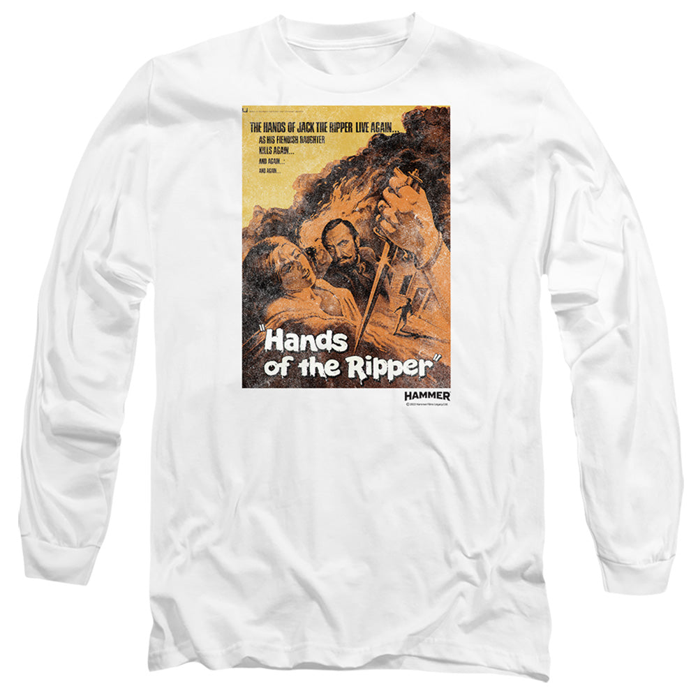 AN OFFCIALLY LICENSED HAMMER HOUSE OF HORROR HANDS OF THE RIPPER MEN'S LONG SLEEVE T-SHIRT WHITE