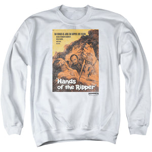 AN OFFCIALLY LICENSED HAMMER HOUSE OF HORROR HANDS OF THE RIPPER ADULT UNISEX CREWNECK SWEATSHIRT WHITE