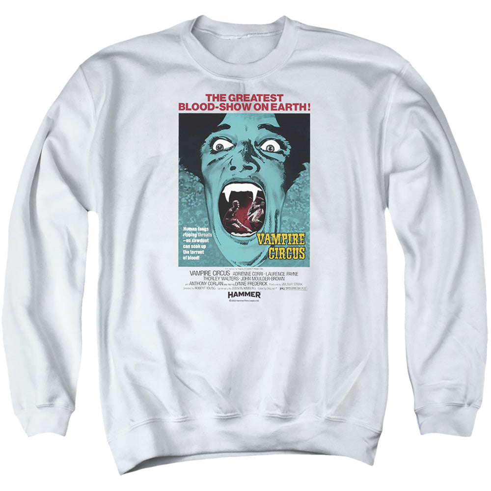 AN OFFCIALLY LICENSED HAMMER HOUSE OF HORROR VAMPIRE CIRCUS LIGHT ADULT UNISEX CREWNECK SWEATSHIRT WHITE