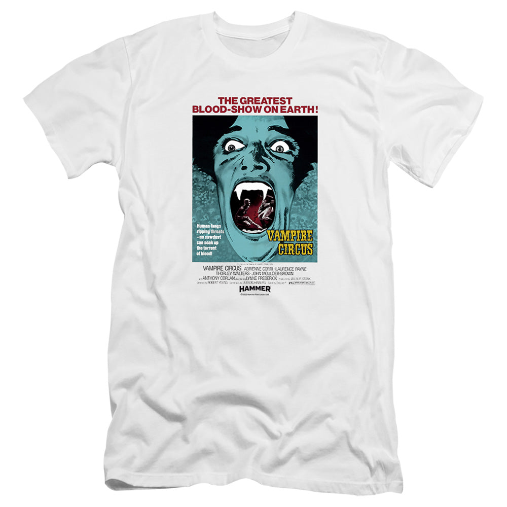 AN OFFCIALLY LICENSED HAMMER HOUSE OF HORROR VAMPIRE CIRCUS LIGHT MEN'S PREMIUM SLIM FIT T-SHIRT WHITE