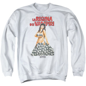 AN OFFCIALLY LICENSED HAMMER HOUSE OF HORROR LA REGINA ADULT UNISEX CREWNECK SWEATSHIRT WHITE